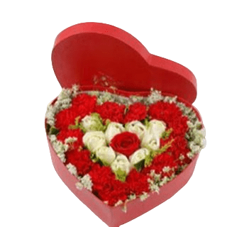 heart box arrangement of red and white roses