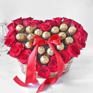 Shop Love Basket with a basket, red roses, and 16 pieces of Ferrero chocolate delivery in Nairobi, Kenya.