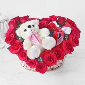 Order Heart Shaped Roses With Teddy Bear arrangement with flower basket, red roses, and a teddy bear delivery in Nairobi, Kenya