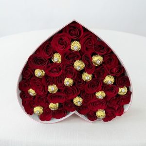 Love Box with Ferrero featuring fresh red roses and 16 pieces of Ferrero Rocher chocolate