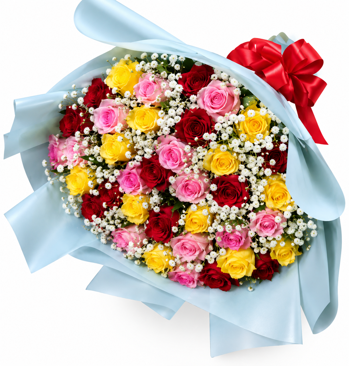 Love & Lush Bouquet – 60 Mixed Roses Love & Lush Bouquet with 60 red pink and yellow roses