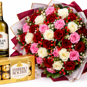Vibrant Mix Roses Bouquet with 50 red white and pink roses, Ferrero Rocher chocolates and Cellar Cask wine