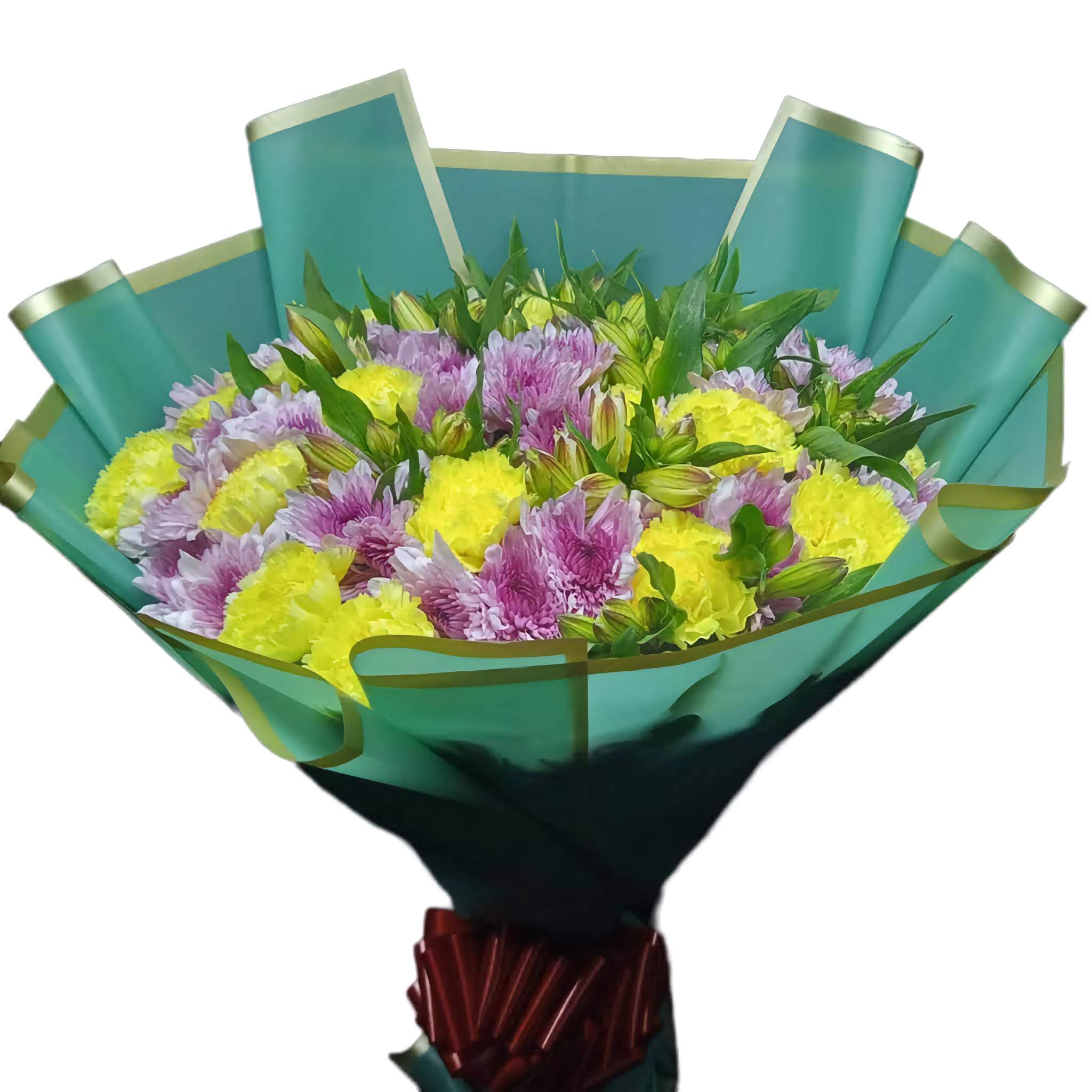 Joyful-Fusion-Blooms Shop Joyful Fusion Blooms bouquet features a lively mix of alstroemeria, yellow, and purple chrysanthemums, creating a vibrant and cheerful arrangement.