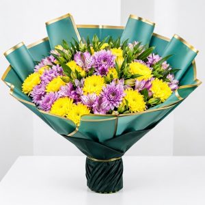 Joyful Fusion Blooms with yellow purple chrysanthemums and alstroemeria