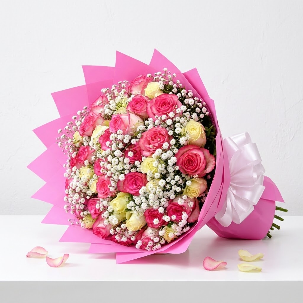 50 Roses Bouquet Nairobi | Pink & White Roses Vibrant Pink Bouquet - Mixed Roses Delivery Nairobi, Kenya