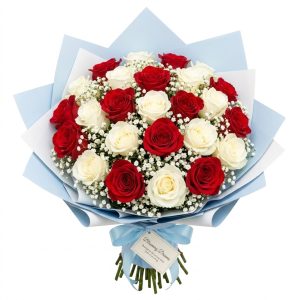 Blooming Dreams Bouquet with 20 red and white roses and baby's breath in Nairobi