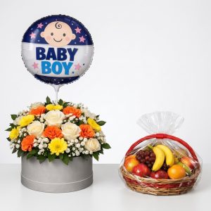 Baby Boy Gift Set with white and orange roses, yellow chrysanthemums and fresh fruit basket