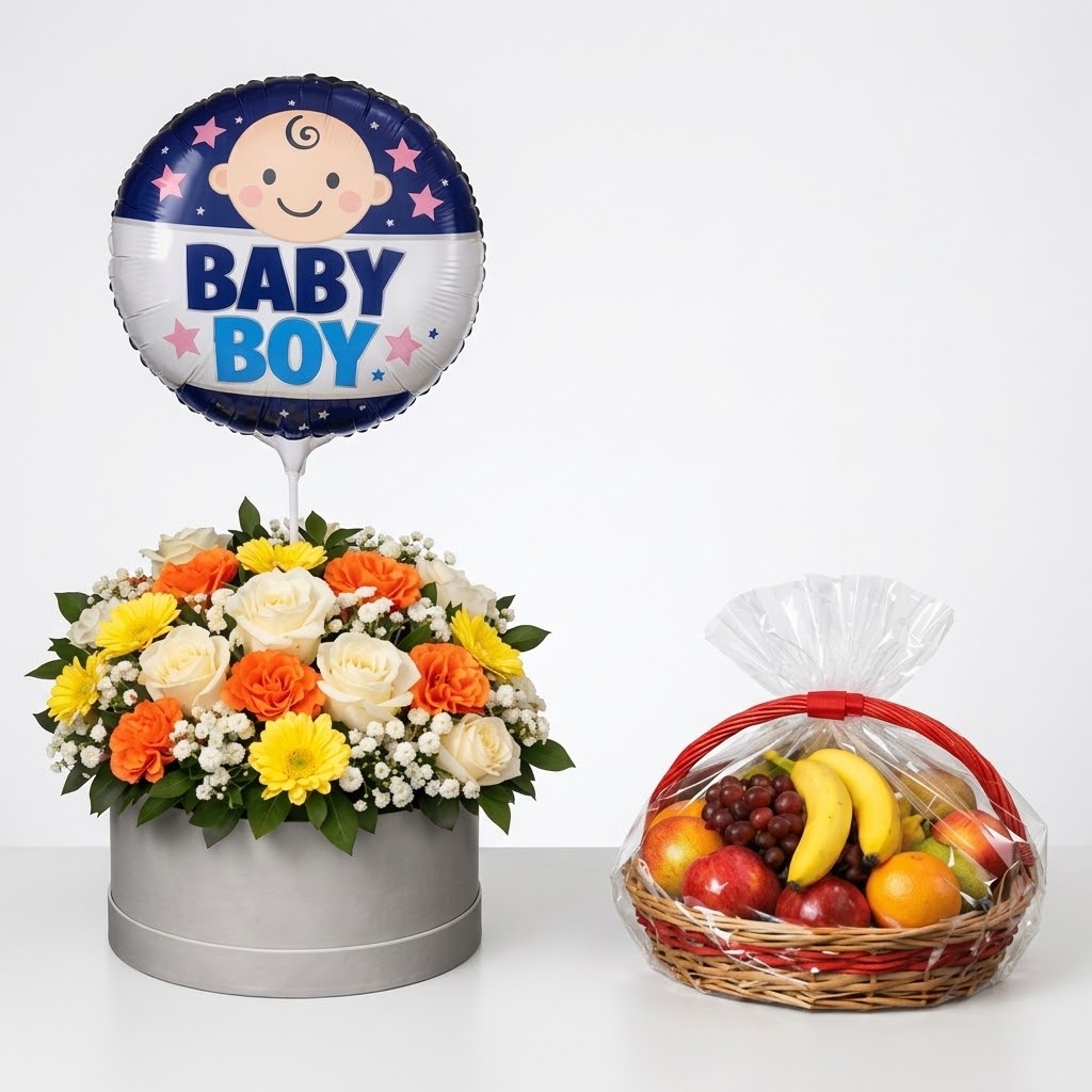 Baby Boy Gift Set – Flowers & Fresh Fruit Basket Baby Boy Gift Set with white and orange roses, yellow chrysanthemums and fresh fruit basket