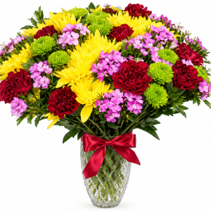 Warm Embrace Blooms flower vase with yellow daisies and red carnations