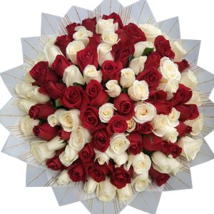 Endless Love Bouquet – 150 red and white roses elegantly arranged, perfect for anniversaries, weddings, and romantic surprises.