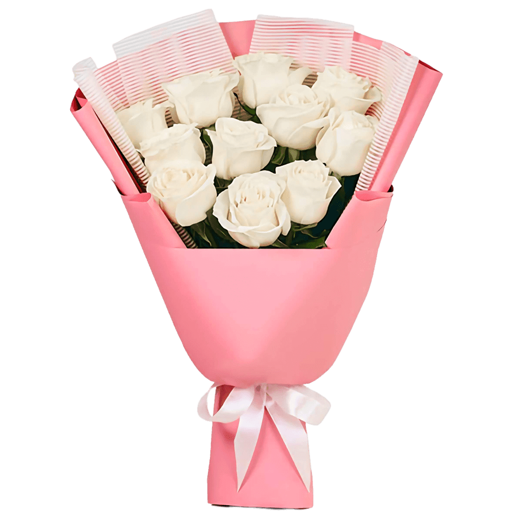 one-dozen-white-roses Elegant bouquet of one dozen fresh white roses, wrapped in soft paper with a ribbon, available for same-day delivery in Nairobi.