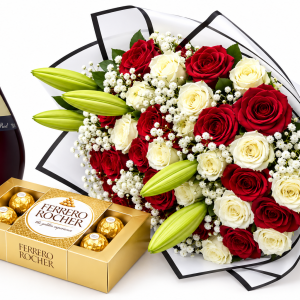 Rose Lily Bouquet With Wine featuring 40 red and white roses lilies Ferrero Rocher and wine