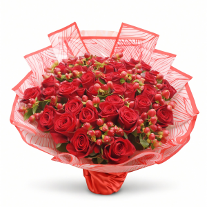 Forever Red Bouquet – 51 fresh red roses with vibrant hypericum berries, handcrafted by Nairobi florists for romantic occasions with same-day delivery in Nairobi.
