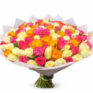 Rainbow Romance Bouquet with 100 mixed roses colorful pink, yellow, orange, and cream roses, hand-wrapped in elegant paper, available for same-day delivery in Nairobi.