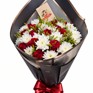 Joyous Heart Bouquet – A beautiful arrangement of red roses and white chrysanthemums with fillers, symbolizing love, joy, and purity. Same-day delivery in Nairobi.