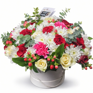 Luminous Love Bouquet, Elegant round flower box with red roses, white chrysanthemums, pink carnations, cream roses, and lush greenery.