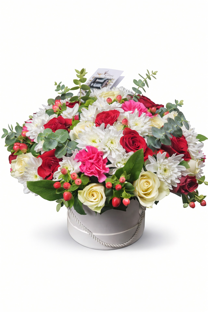 Luminous Love Bouquet, Elegant round flower box with red roses, white chrysanthemums, pink carnations, cream roses, and lush greenery.