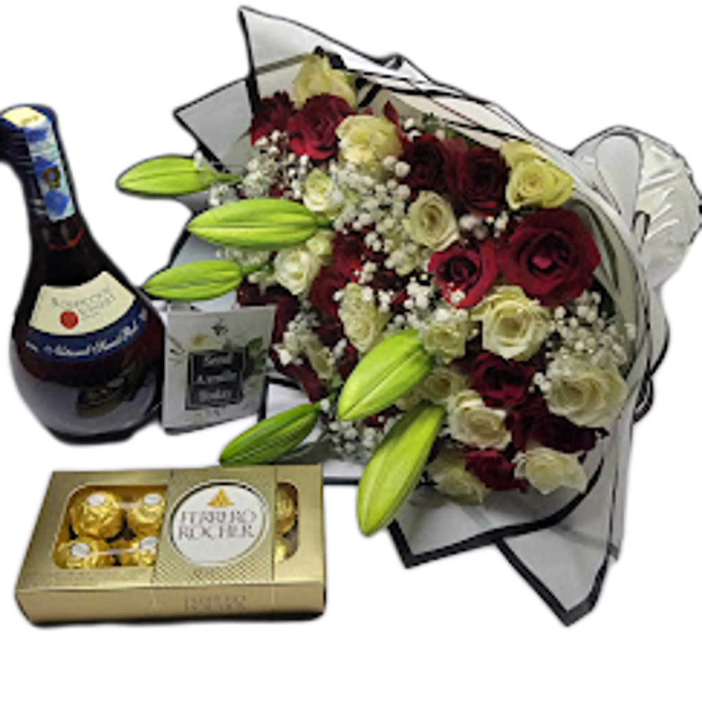 Elegant Rose Lily Bouquet with red roses, white lilies, and a premium wine bottle, perfect for romantic gifts, anniversaries, and same-day flower delivery in Nairobi.