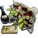 Elegant Rose Lily Bouquet with red roses, white lilies, and a premium wine bottle, perfect for romantic gifts, anniversaries, and same-day flower delivery in Nairobi.