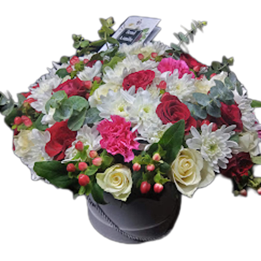 Luminous Love Bouquet, Elegant round flower box with red roses, white chrysanthemums, pink carnations, cream roses, and lush greenery.