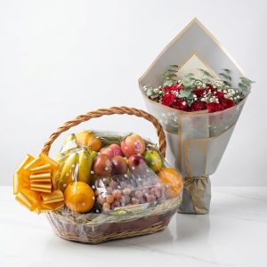 Fruit Basket & Flower Delivery Combo with fresh fruits and 24 red roses
