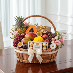 Luxury fruit basket with premium exotic fruits, T16 Ferrero Rocher chocolates, and fresh roses arranged in an elegant wicker basket.