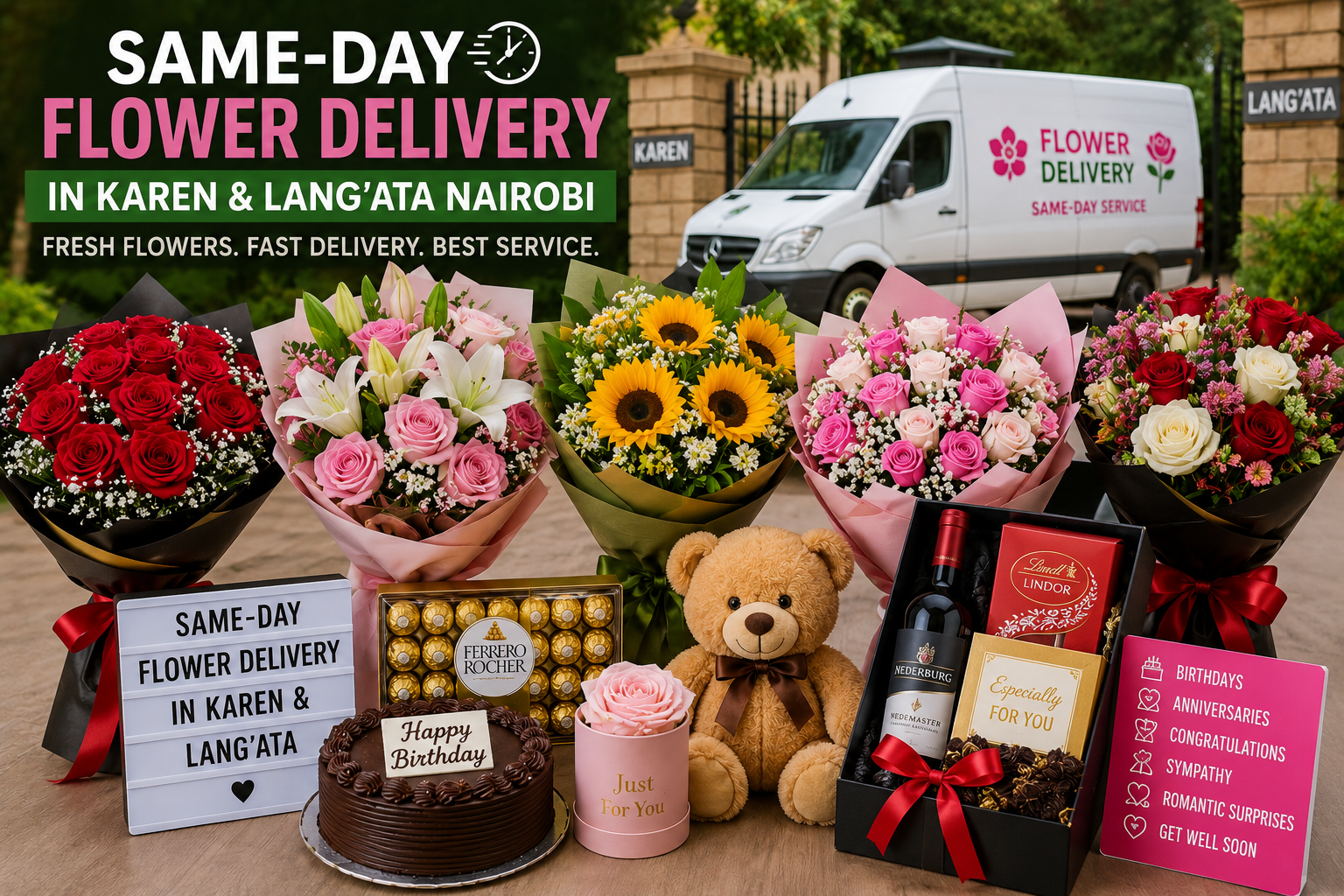 Same-day flower delivery in Karen and Lang’ata Nairobi featuring luxury rose bouquets, lilies, sunflowers, birthday cake, chocolates, and flower delivery