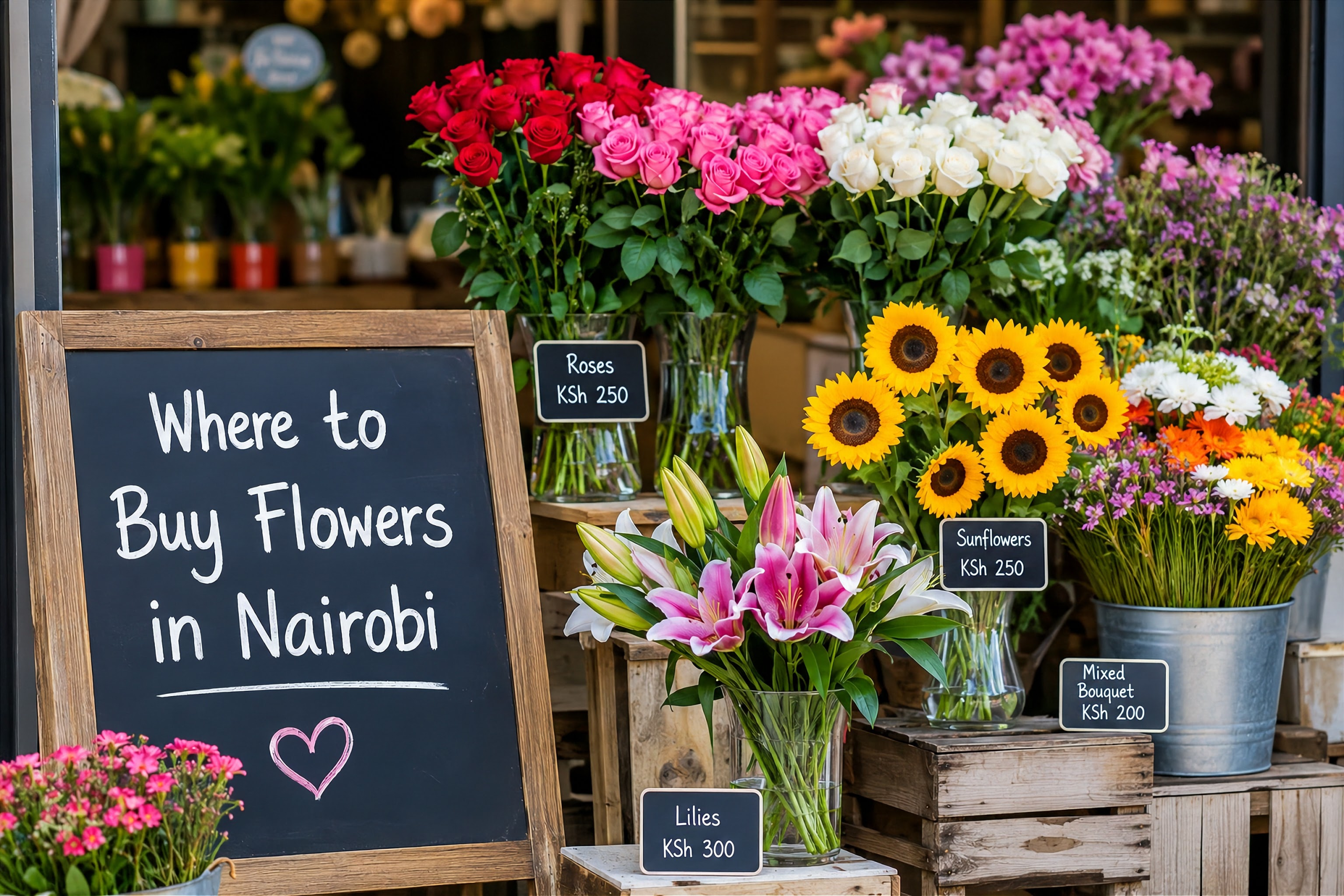 Colorful flower shop in Nairobi displaying fresh roses, lilies, sunflowers, and mixed bouquets with a sign showing where to buy flowers in Nairobi.