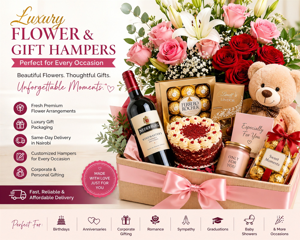 Luxury flower and gift hampers Nairobi with fresh flowers, chocolates, cake, and teddy bear in Nairobi, Kenya.