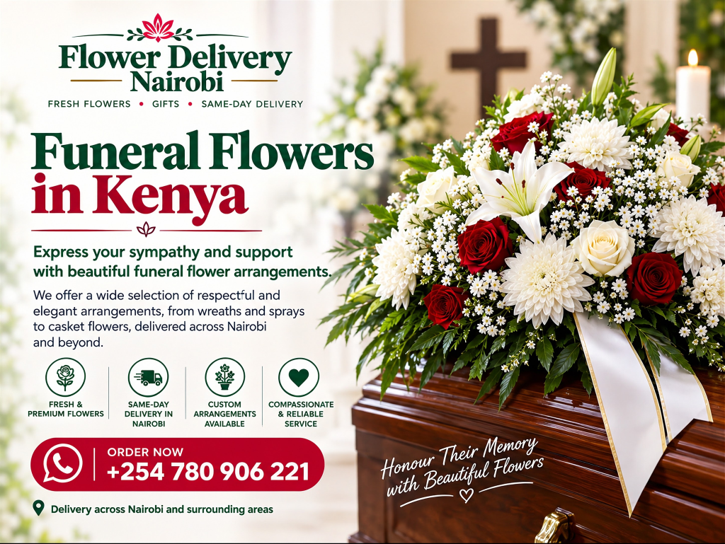 Funeral flowers in Kenya Funeral flowers in Kenya with white lilies, chrysanthemums and red roses for sympathy and memorial services