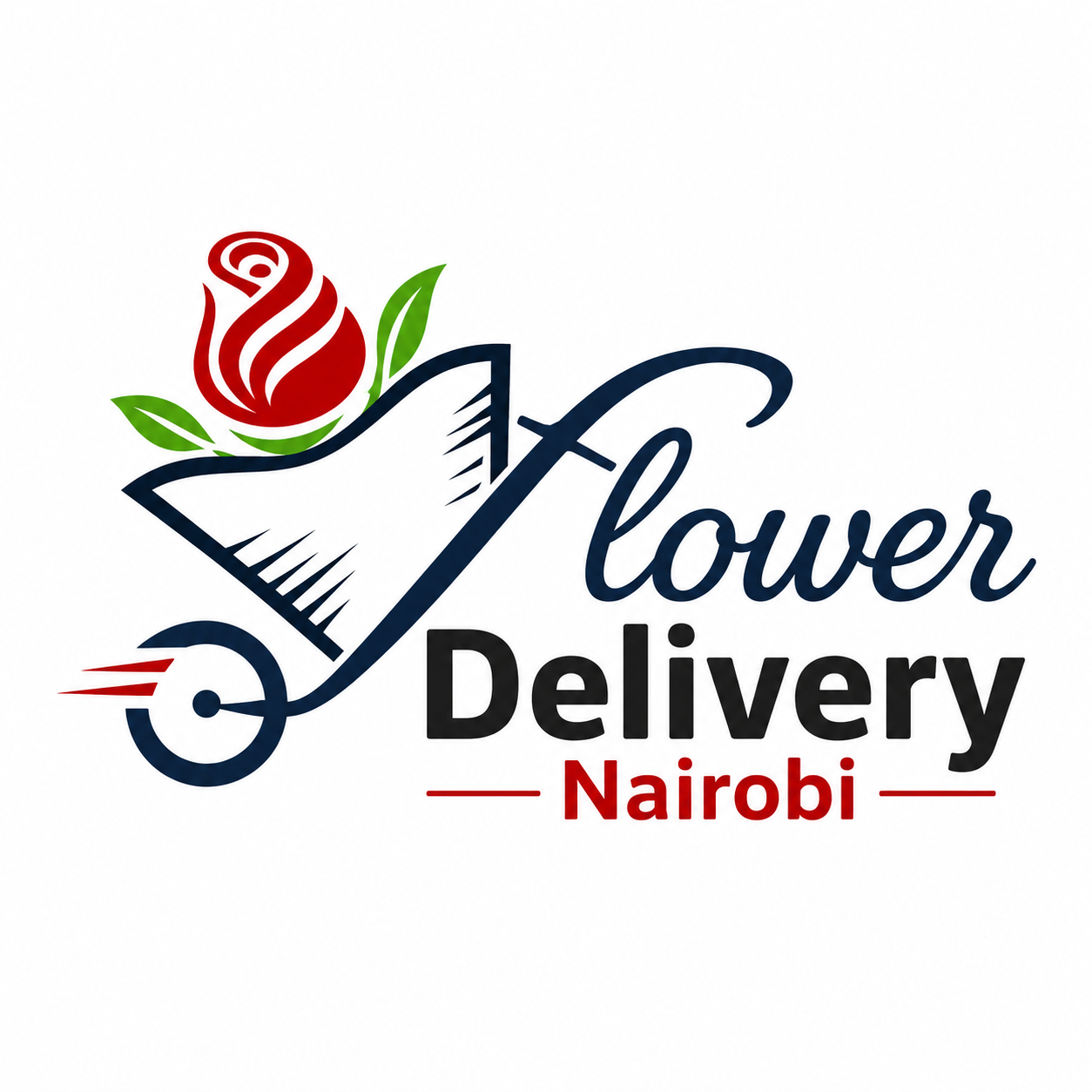 Flower Delivery Nairobi logo featuring a red rose in a bouquet with elegant typography representing a professional flower delivery service in Nairobi, Kenya.