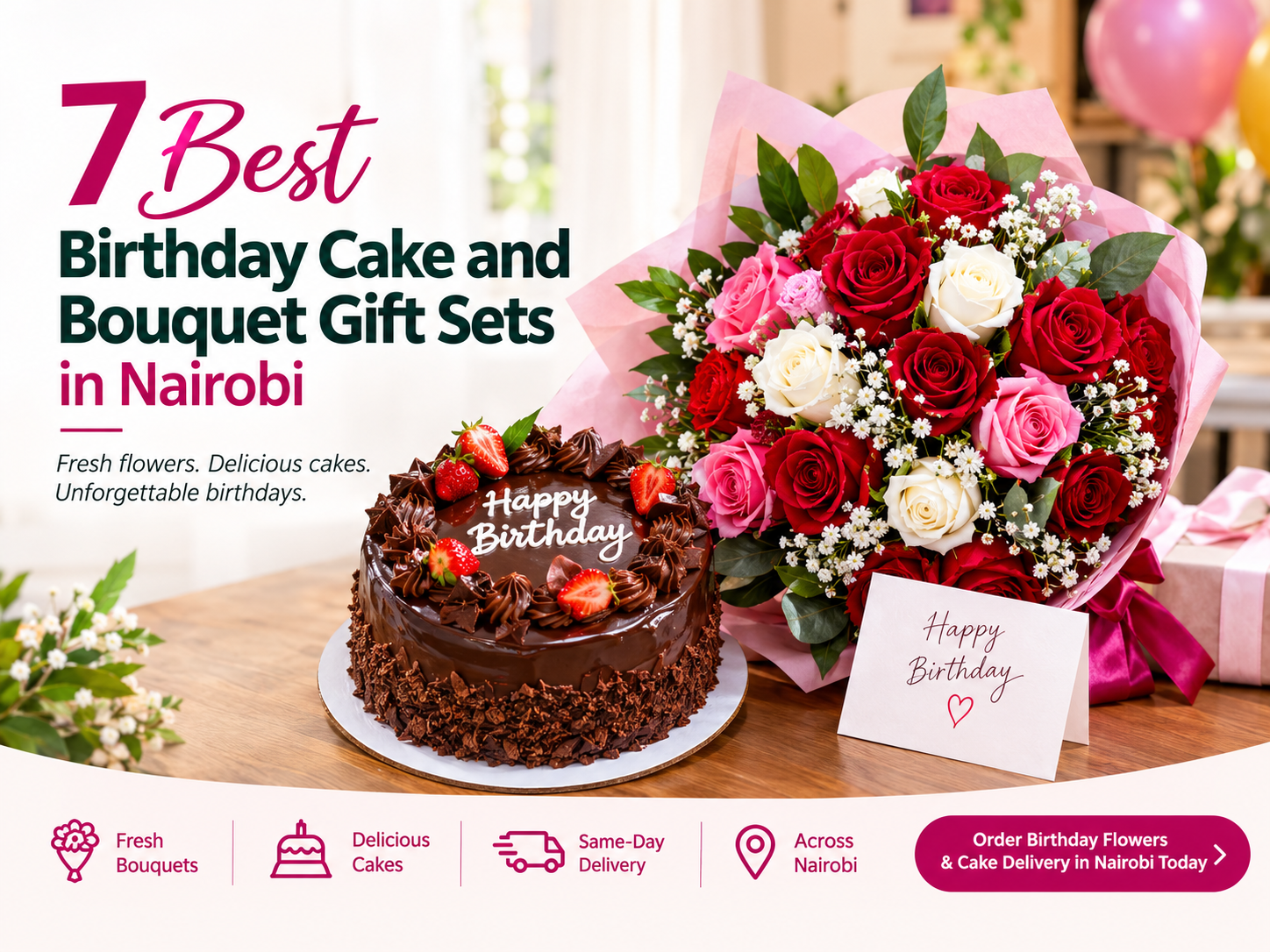 Birthday Cake and Bouquet gift bundle featuring fresh cut Kenyan red and pink roses with a decorated chocolate birthday cake by Flower Delivery Nairobi