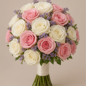 Classic bridal bouquet nairobi with pink and white roses, purple limonium and greenery for a wedding in Nairobi Kenya.