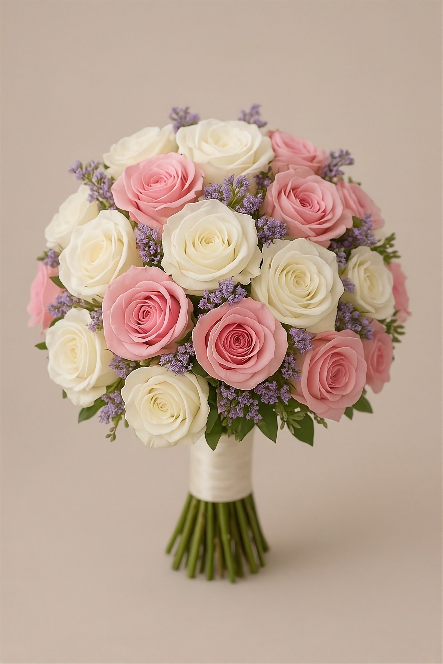 Classic Bridal Bouquet Nairobi | Pink & White Roses Nairobi Classic bridal bouquet nairobi with pink and white roses, purple limonium and greenery for a wedding in Nairobi Kenya.