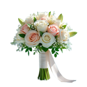 Pastel rose & lily bridal bouquet with pink and ivory roses, baby's breath and greenery for a wedding in Nairobi Kenya.