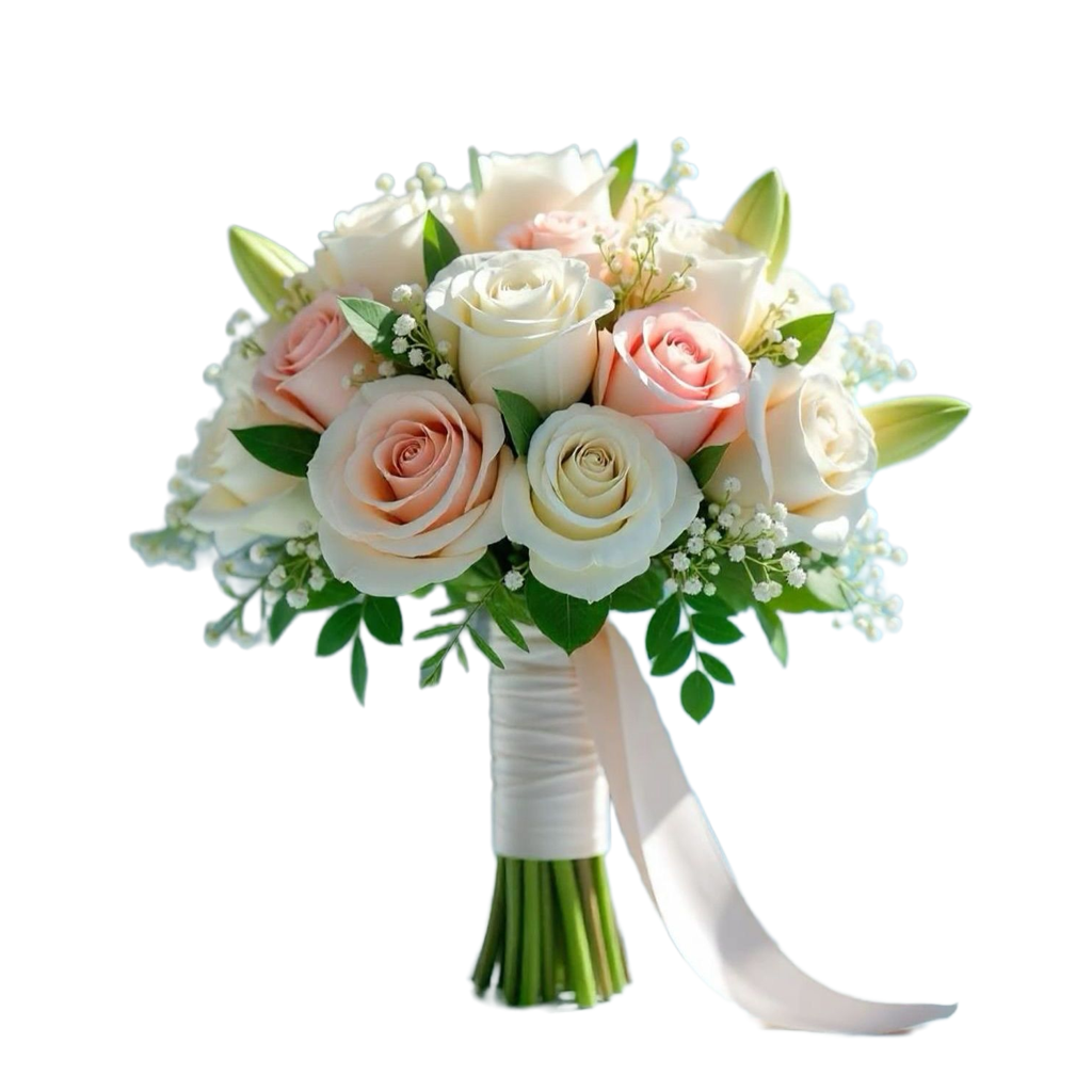 Pastel Rose & Lily Bridal Bouquet | Wedding Flowers Nairobi Pastel rose & lily bridal bouquet with pink and ivory roses, baby's breath and greenery for a wedding in Nairobi Kenya.