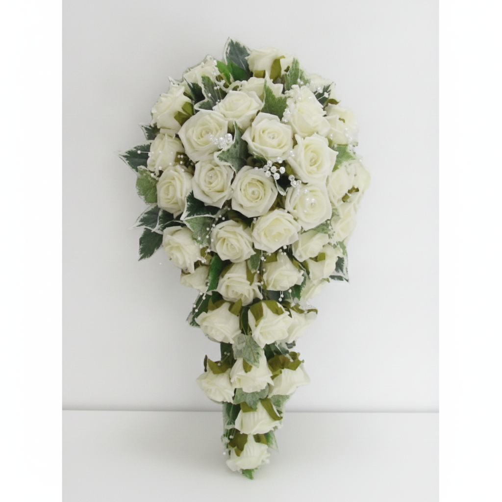 White Rose Cascading Bouquet | Wedding Flowers Nairobi White rose cascading bouquet with baby's breath and greenery for a wedding in Nairobi Kenya.