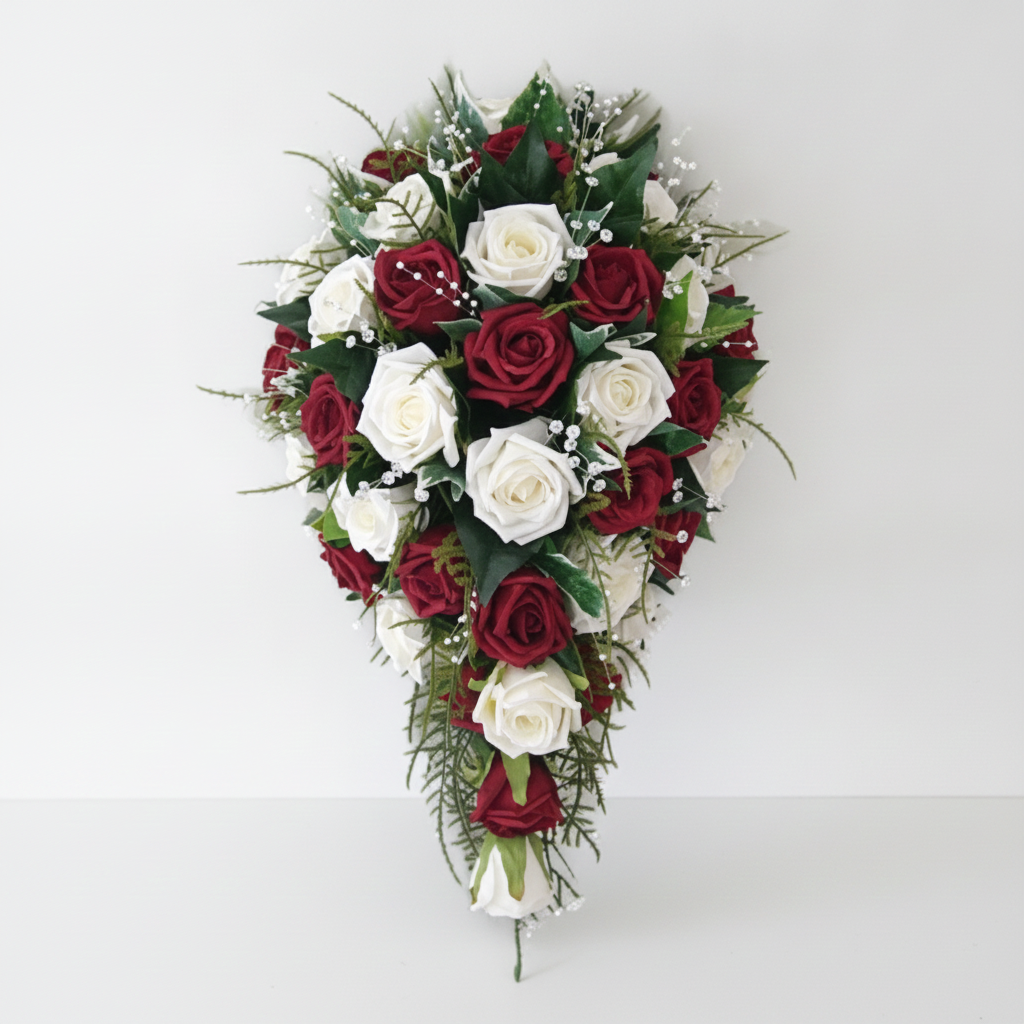 Red & White Rose Cascading Bridal Bouquet | Nairobi Wedding Flowers Red & white rose cascading bridal bouquet with baby's breath and greenery for a wedding in Nairobi Kenya.