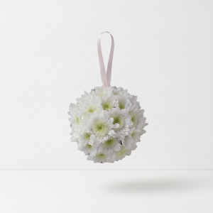 White mums bridal bouquet with fresh chrysanthemums and ribbon for a wedding in Nairobi Kenya.