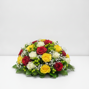 Round table flower arrangement with red yellow and white roses in Nairobi