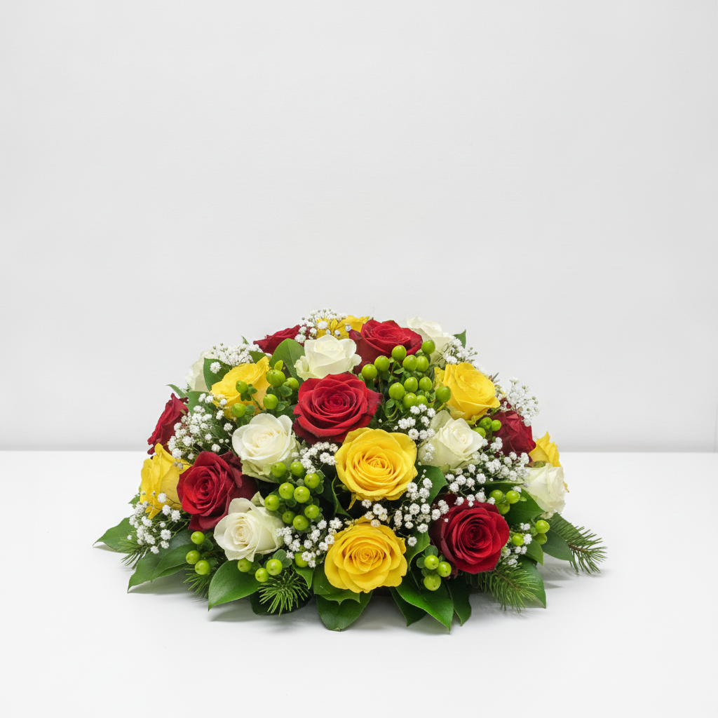 Round Table Flower Arrangement Nairobi | Red Yellow & White Roses Round table flower arrangement with red yellow and white roses in Nairobi