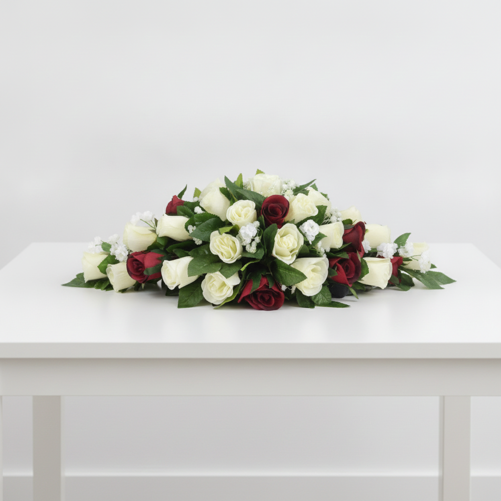 Top Table Flower Arrangement | Red & White Roses Nairobi Top table flower arrangement with red and white roses, baby’s breath and greenery for a wedding in Nairobi Kenya.