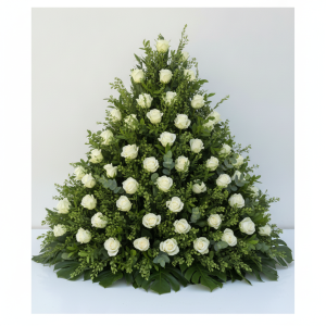 Triangular white rose pedestal Flower with eucalyptus-style leaves and lush greenery for events in Nairobi Kenya.