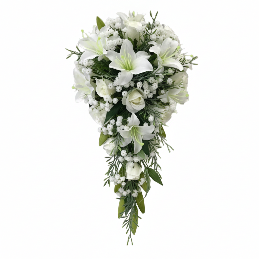 White Lily & Rose Cascading Bridal Bouquet | Wedding Flowers Nairobi White lily & rose cascading bridal bouquet with delicate filler flowers and greenery for weddings in Nairobi Kenya.