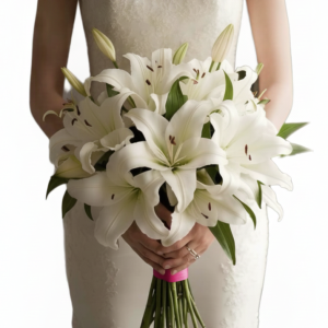 White lily bridal bouquet with delicate white flowers and greenery for a wedding in Nairobi Kenya.