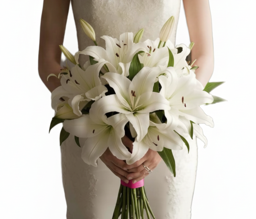 White Lily Bridal Bouquet | Wedding Flowers Nairobi White lily bridal bouquet with delicate white flowers and greenery for a wedding in Nairobi Kenya.