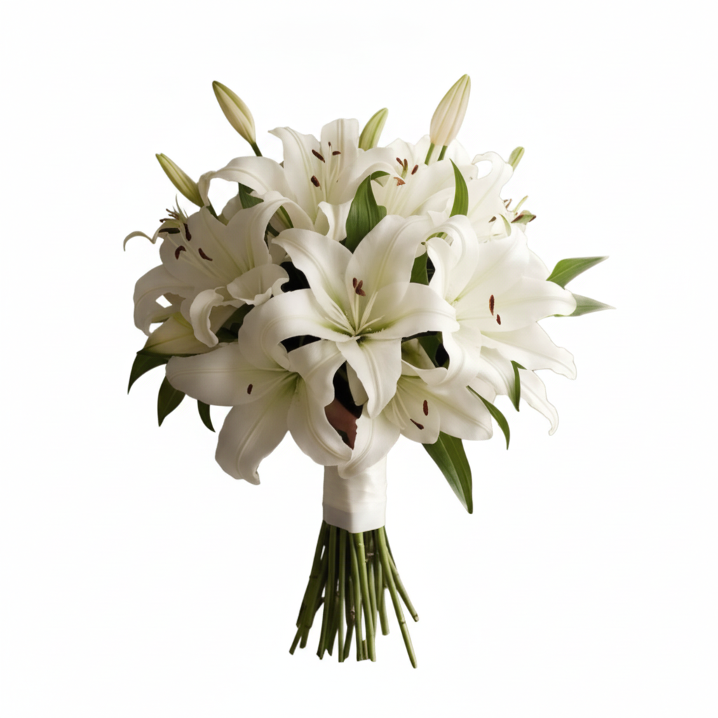 White Lily Bridal Bouquet | Wedding Flowers Nairobi White lily bridal bouquet with delicate white flowers and greenery for a wedding in Nairobi Kenya.