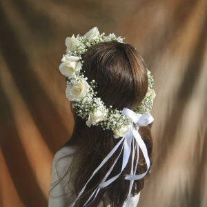 Lovely White floral crown with Kenyan roses and baby's breath for weddings