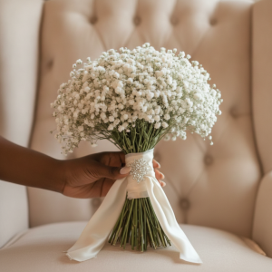 Lush white baby's breath bouquet with a white ribbon for a wedding in Nairobi Kenya.