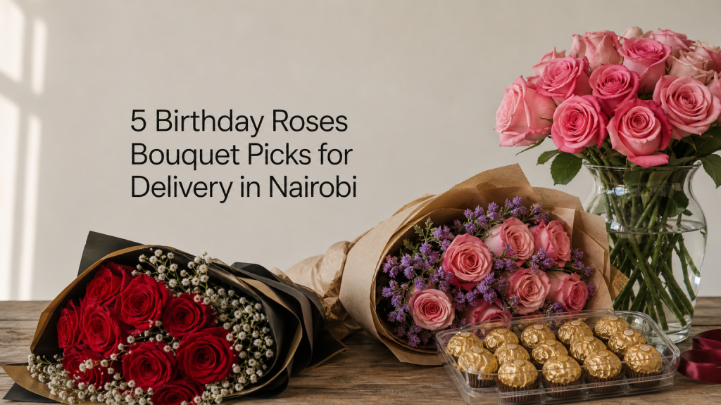 Birthday roses bouquet with chocolates and wine for delivery in Nairobi, Kenya